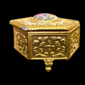 Vintage Japanese Ormolu Trinket Box Floral Porcelain Lid Gilt Metal